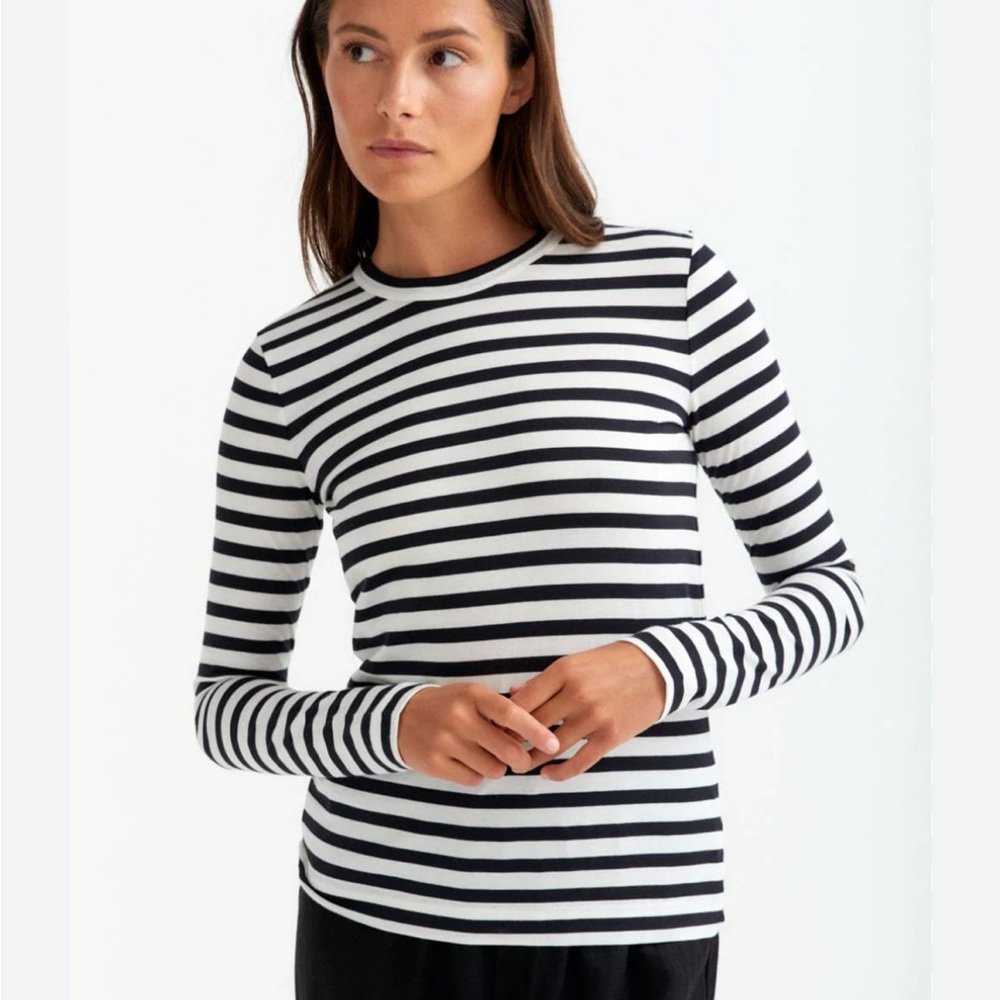 White and Blue Fitted Ribbed Long Sleeve Tee